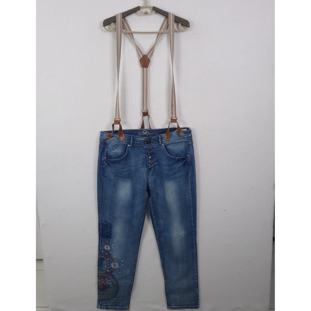 Desigual Boyfriend Jeans Womens 34 Blue Embroidered Floral Artsy